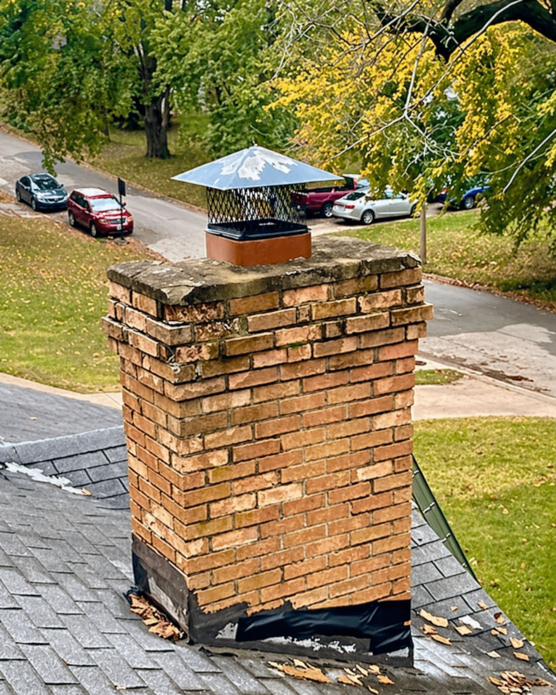 Damaged chimney before repair — Indianapolis, IN