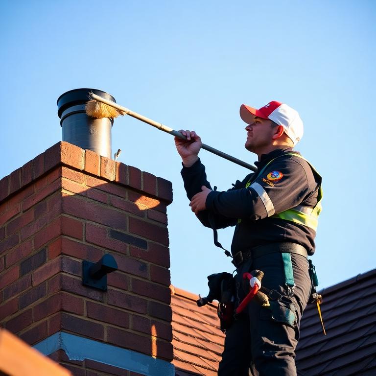 Circle City chimney sweep cleaning a brick chimney on a residential rooftop in Indianapolis