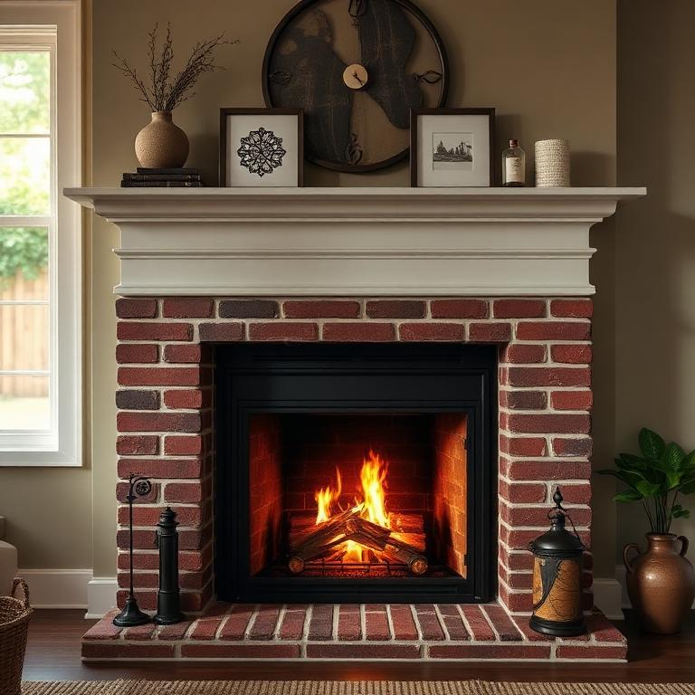 Restored interior brick fireplace with crackling fire in an Indianapolis home