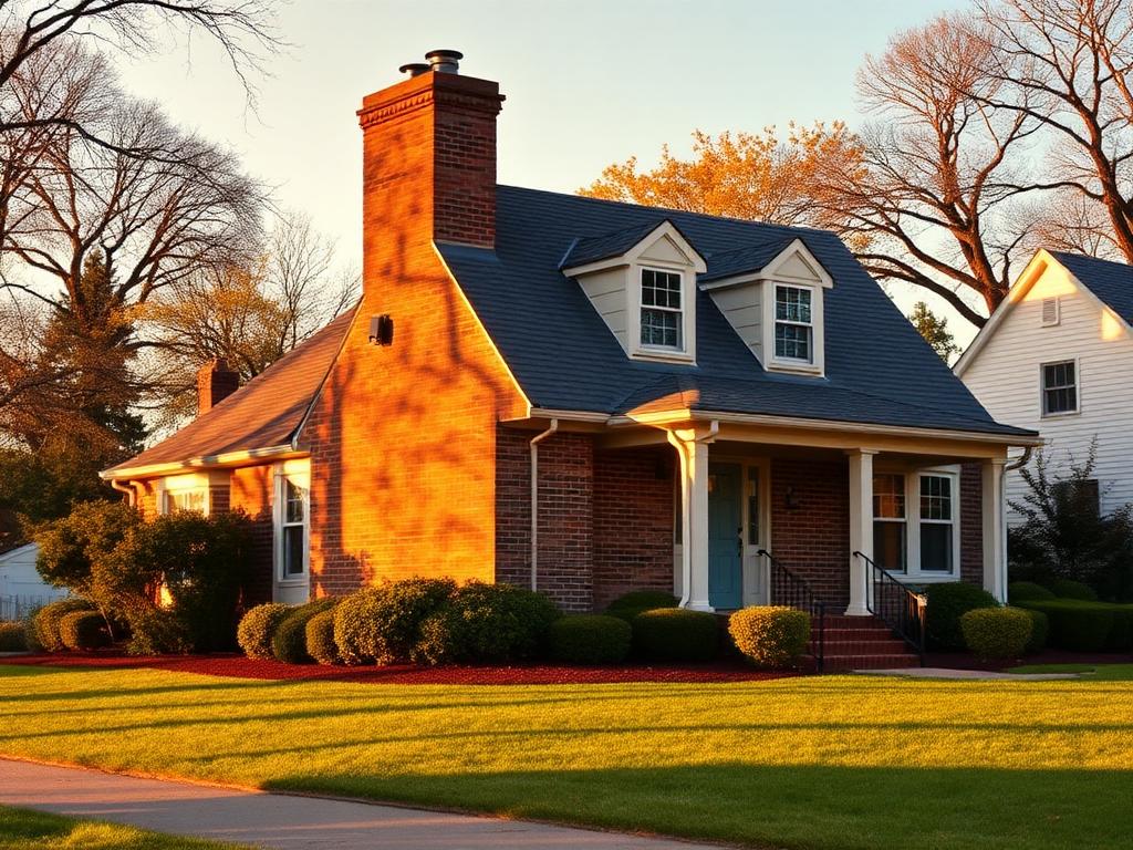 Suburban Indianapolis home with prominent restored brick chimney at golden hour