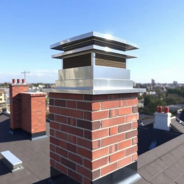 New stainless steel chimney cap installed on a residential brick chimney