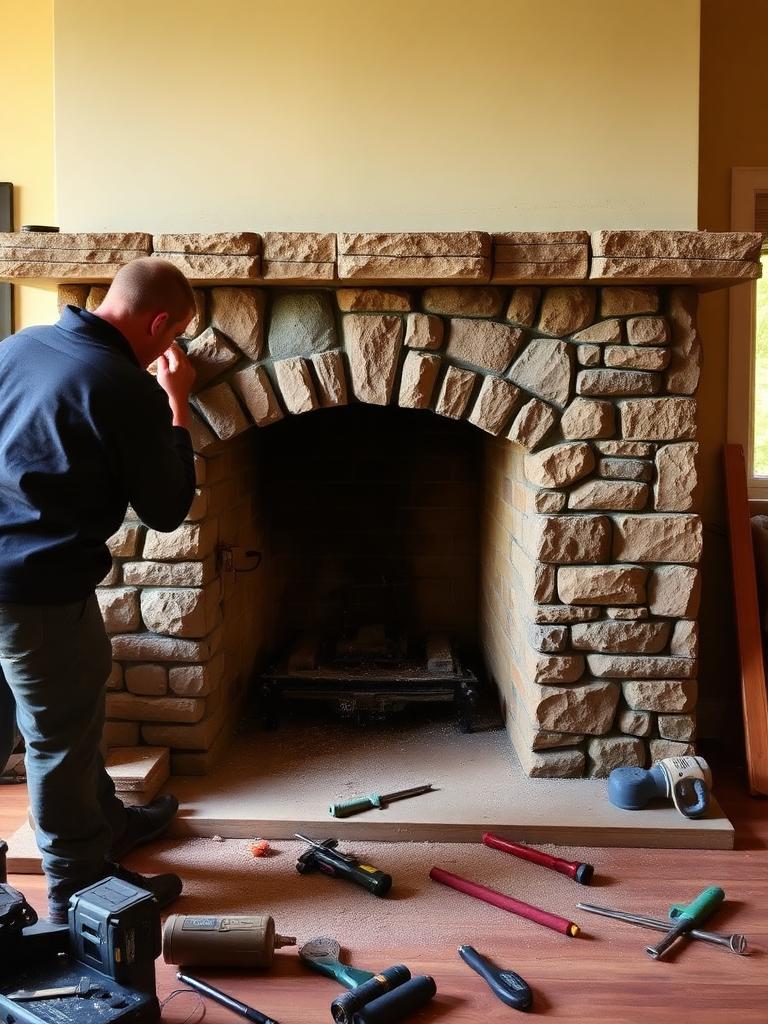 Mason rebuilding a stone fireplace surround inside a Carmel home