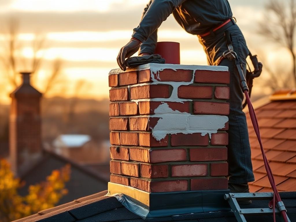 Mason repairing a chimney crown with fresh mortar at golden hour in Indianapolis