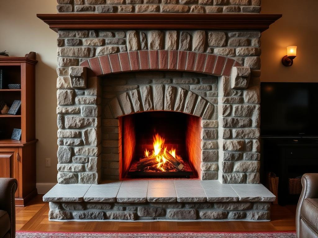 Restored stone and brick fireplace surround with a warm fire glowing in an Indianapolis living room