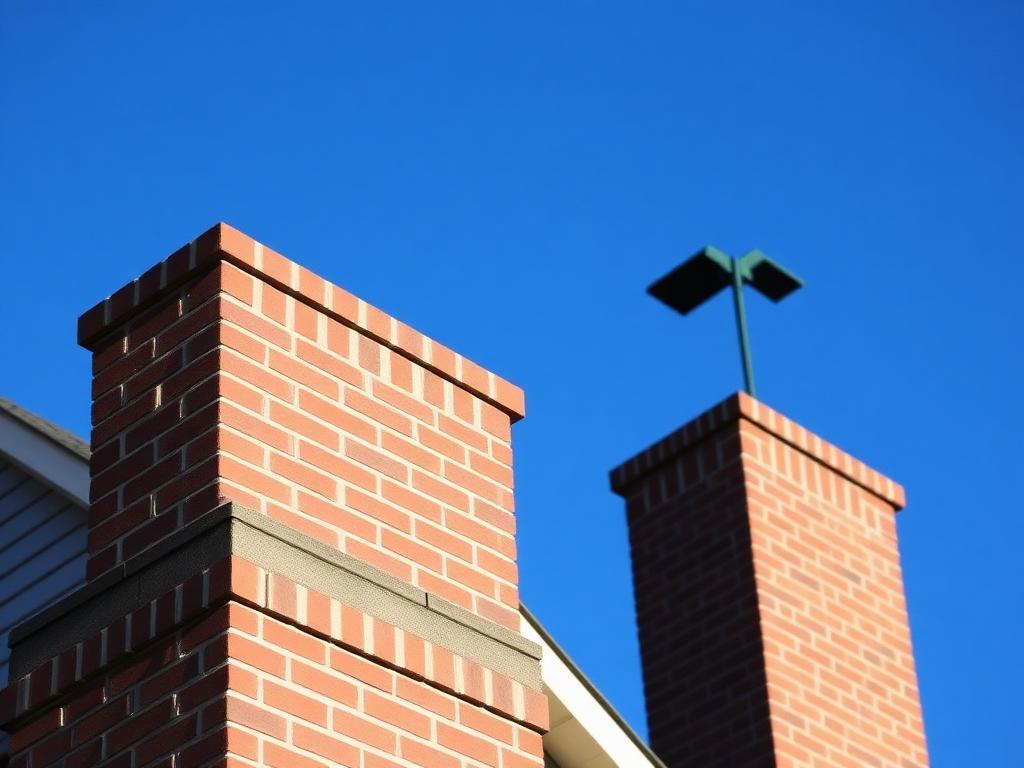 Exterior brick chimney with newly tuckpointed mortar joints on a suburban Indianapolis home